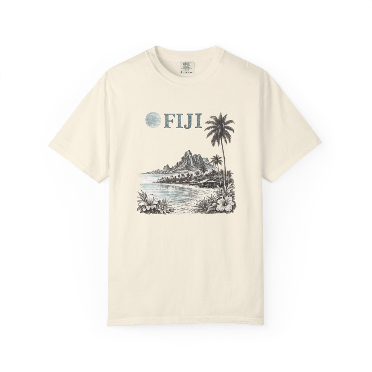 Beige t-shirt with 'FIJI' graphic design featuring a palm tree and mountain on a white background