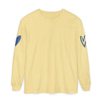 A pale yellow long-sleeve crewneck t-shirt with blue heart graphics on both sleeves, displayed on a solid white background.