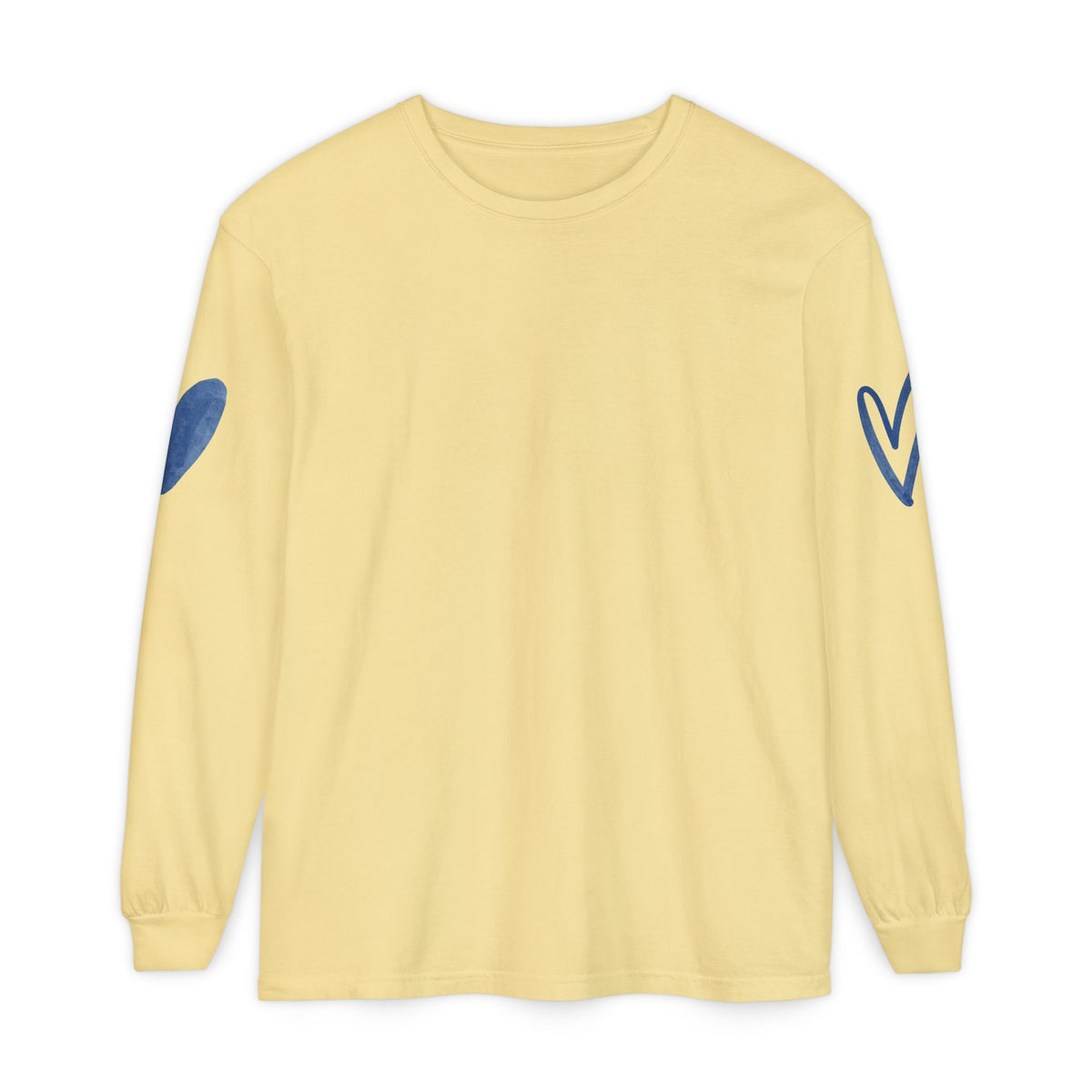 A pale yellow long-sleeve crewneck t-shirt with blue heart graphics on both sleeves, displayed on a solid white background.