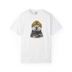 White t-shirt with a graphic of a bear wearing a hat on a white background