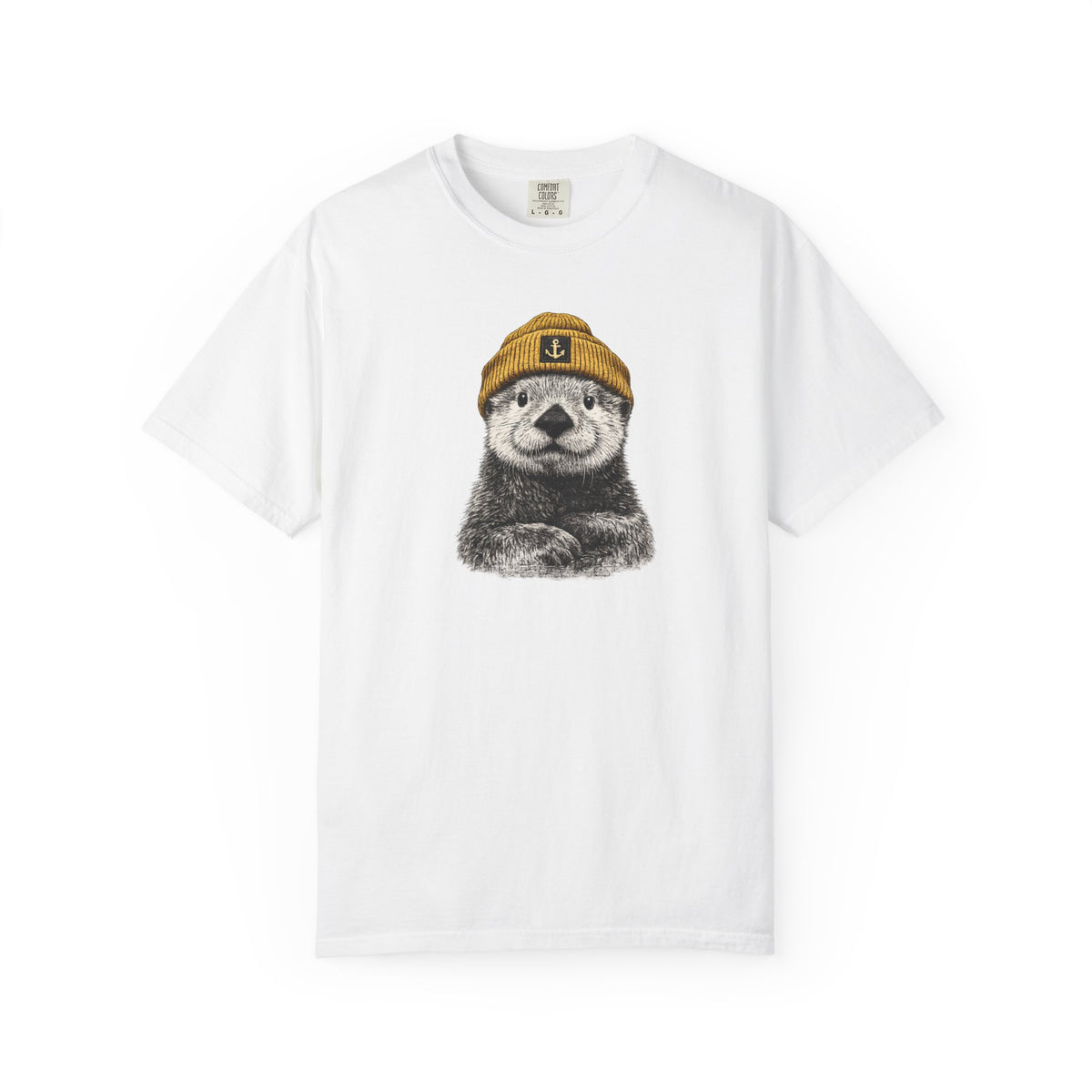 White t-shirt with a graphic of a bear wearing a hat on a white background