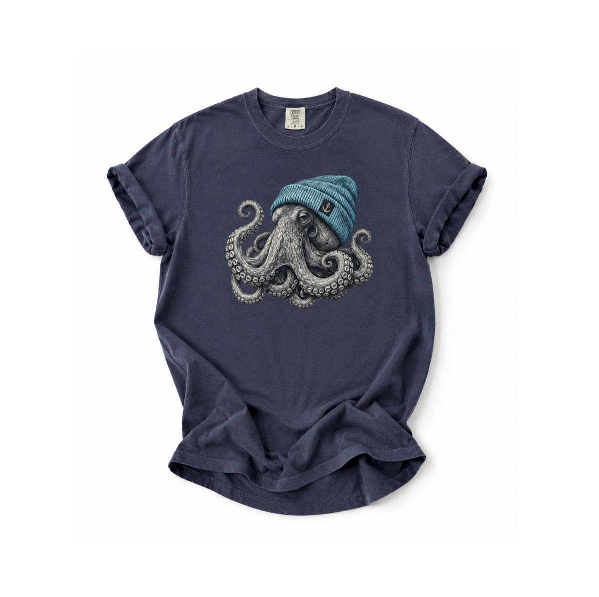 Navy blue t-shirt with an octopus wearing a blue beanie on a white background