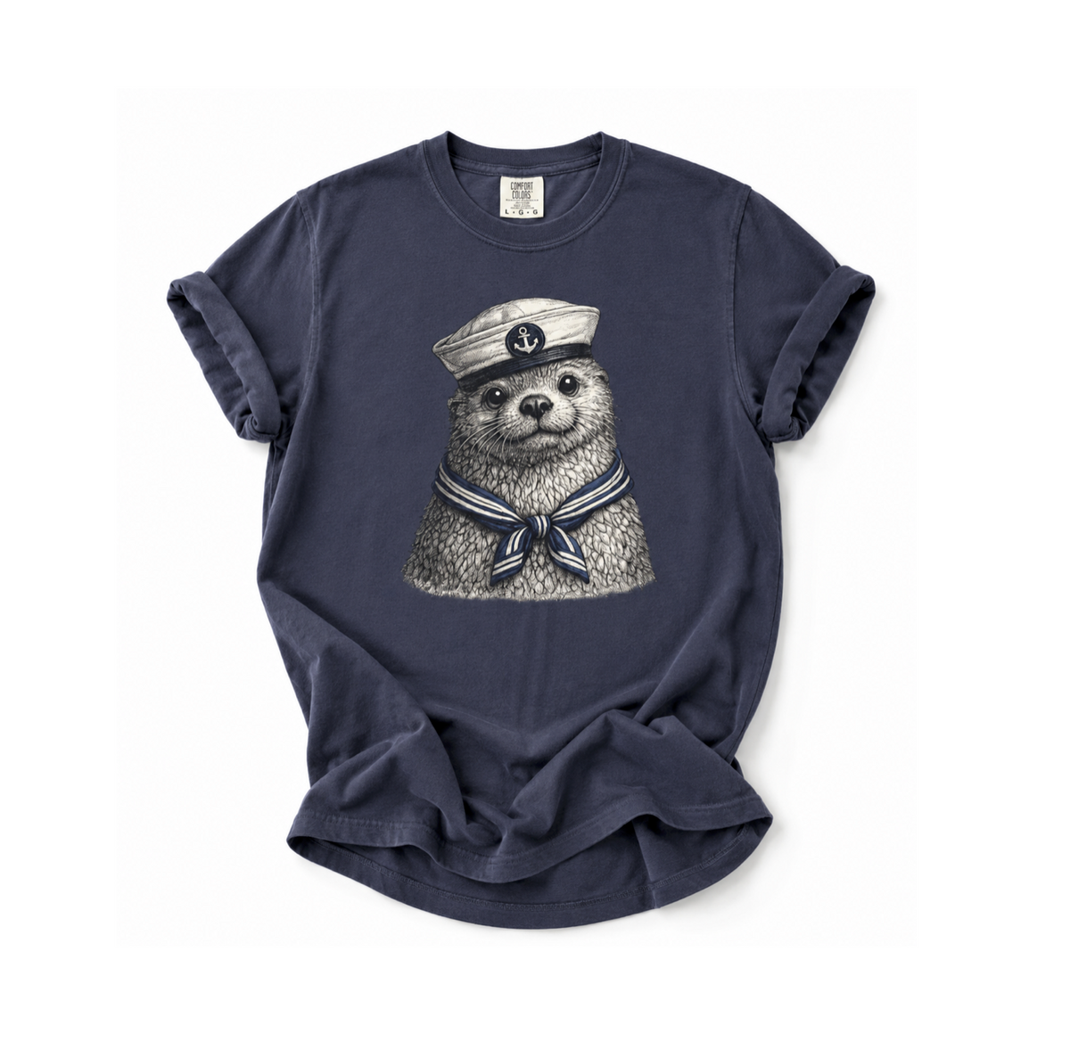 Navy blue t-shirt with a graphic of a otter wearing a sailor hat and tie on a white background.