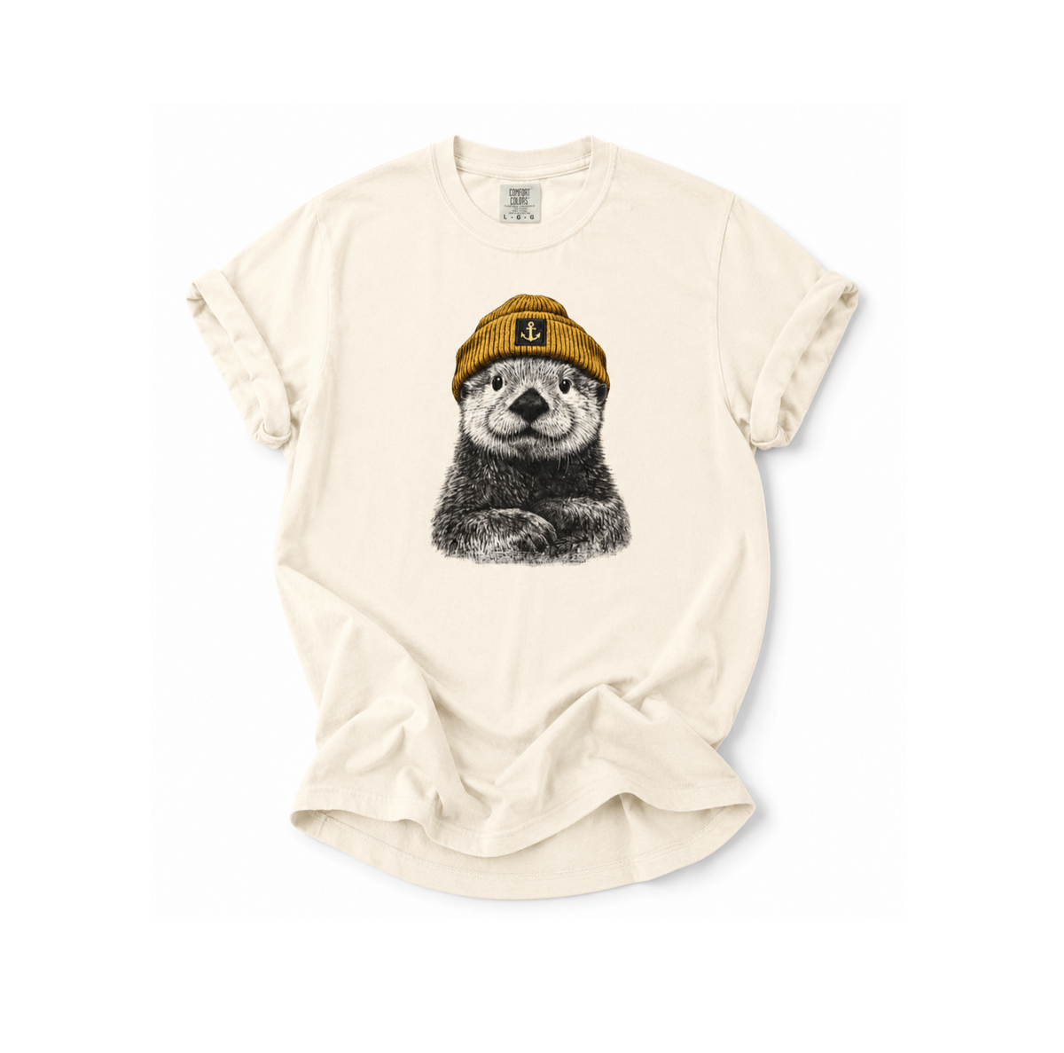 Beige t-shirt with a graphic of a bear wearing a hat on a white background