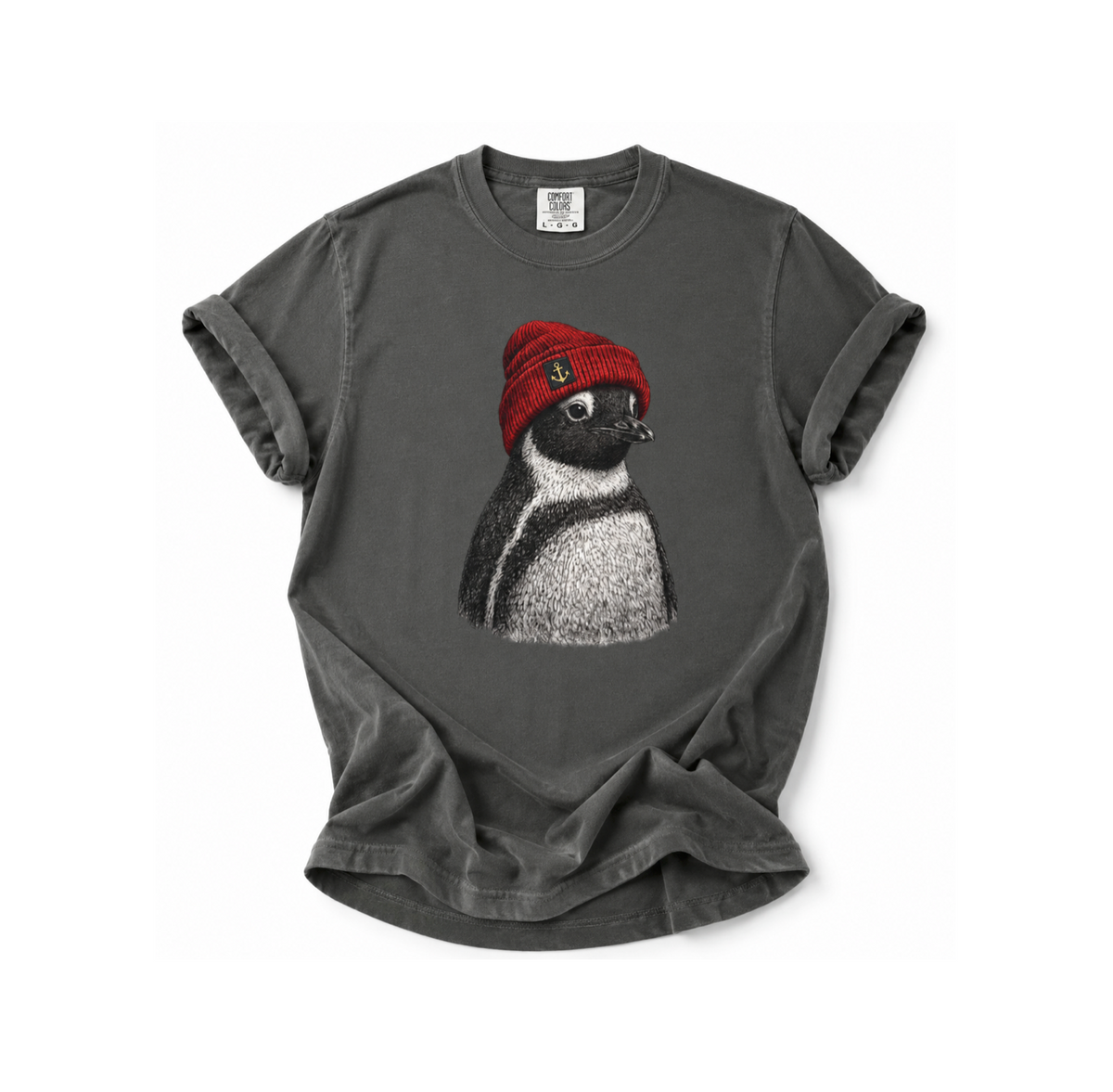 Gray t-shirt with a penguin wearing a red beanie on a white background
