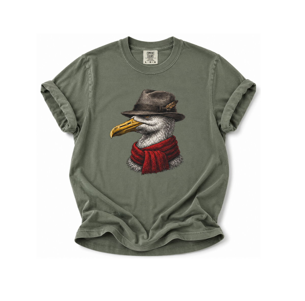 Green t-shirt with a graphic of a bird wearing a hat and scarf on a white background