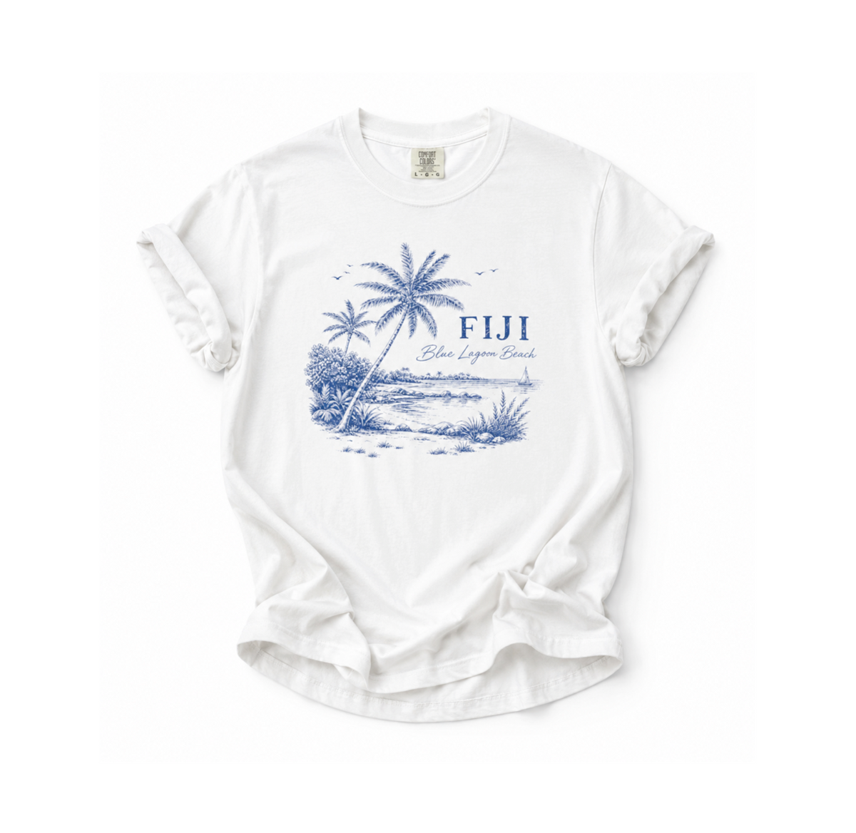 White t-shirt with blue palm tree design and 'Fiji' text on a white background