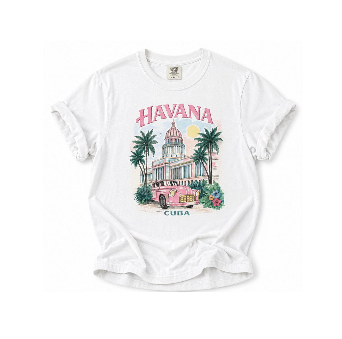 White t-shirt with 'Havana Cuba' graphic design featuring a pink car and Capitol building.
