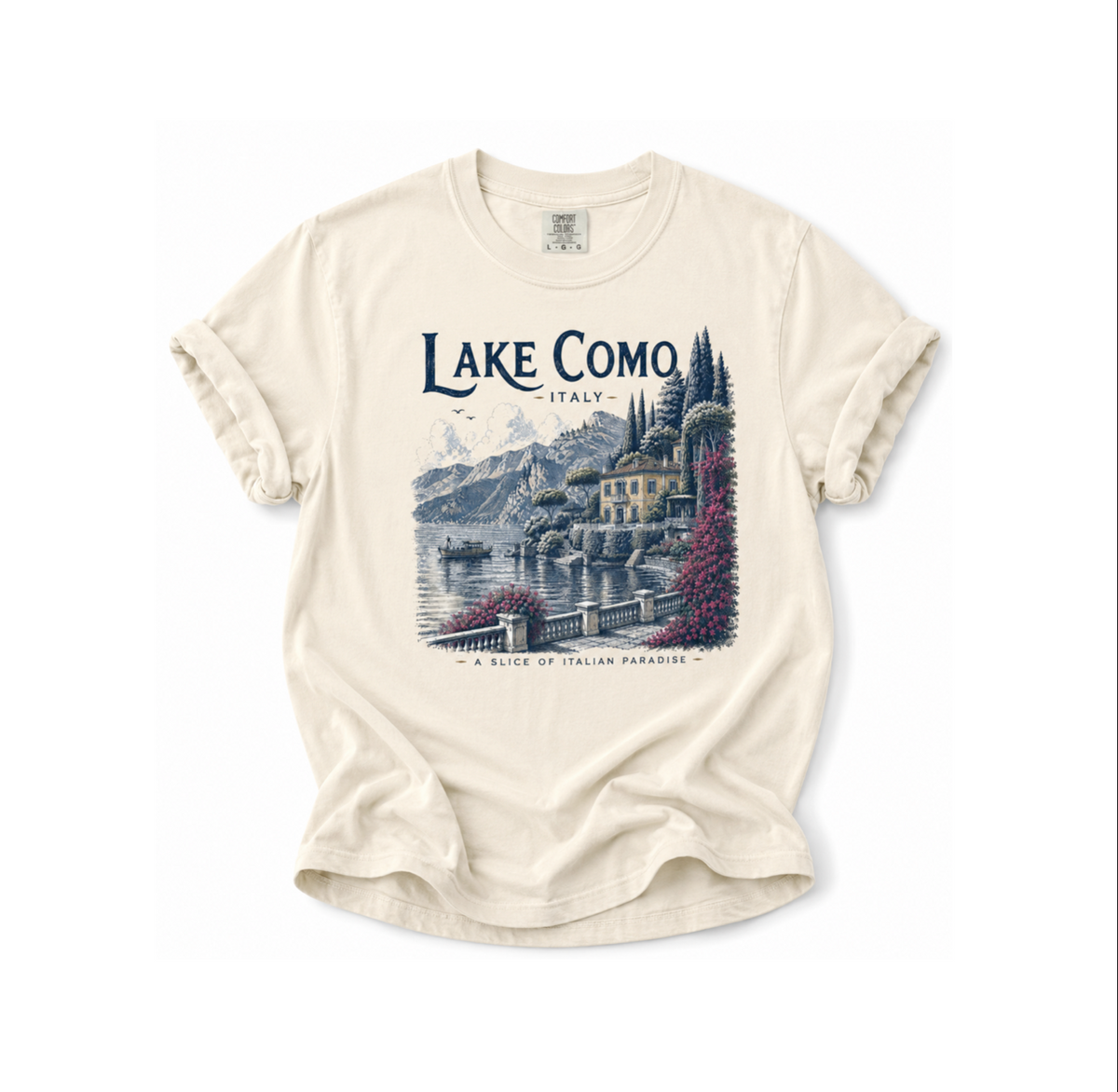 Beige t-shirt with 'Lake Como, Italy' graphic design on a white background