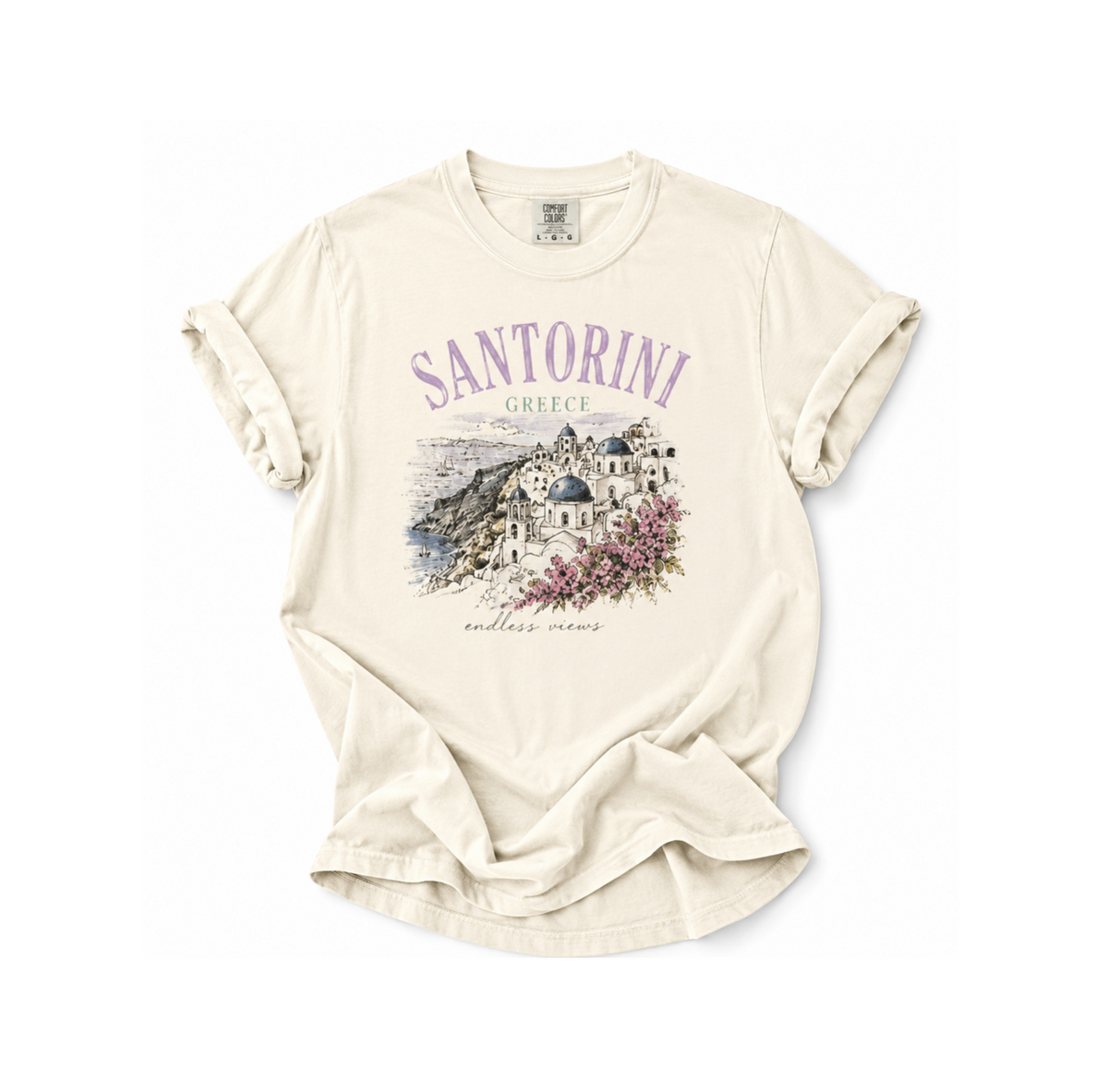Beige t-shirt with Santorini graphic design on a white background