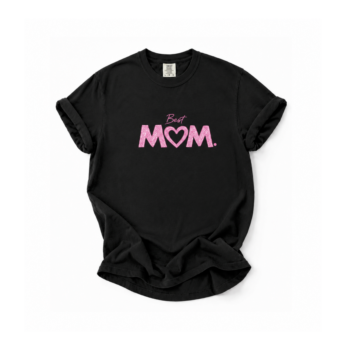 A black short-sleeve t-shirt with a pink graphic on the chest that reads 'Best MOM' with the letter 'O' stylized as a heart. The t-shirt is laid flat against a solid white background.