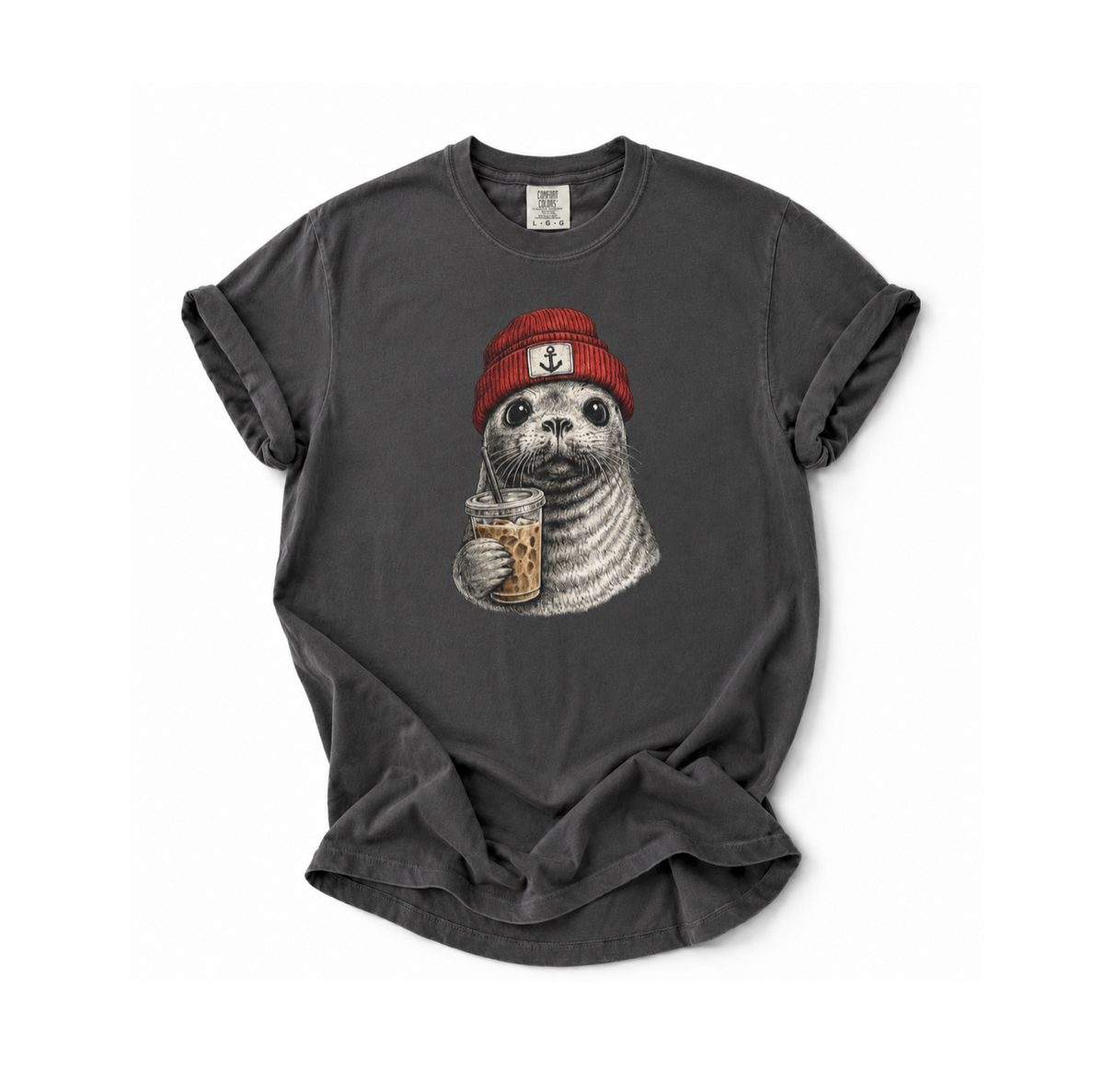 Seal in Beanie with Ice Coffee TShirt — Cute Seal Graphic T-Shirt