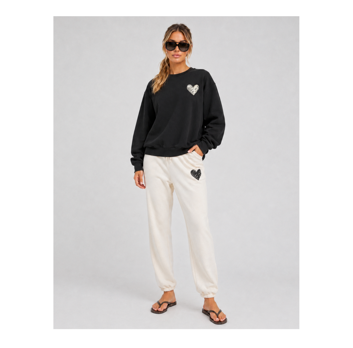 Heart Sweatpants —Black heart sketch  ivory Fleece Joggers